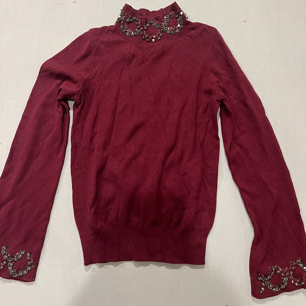 ANN TAYLOR Burgundy Red Rhinestone & Sequins Trim High Neck Sweater Sz XS